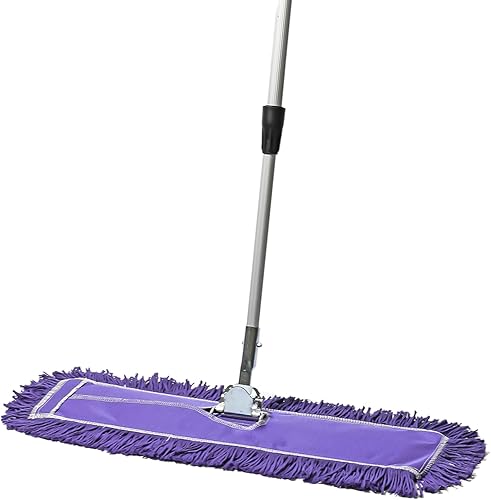 Trapeador de polvo comercial morado de 24 pulgadas y barredora de piso con mango extensible, mopa para limpieza de suelos de madera, azulejos y