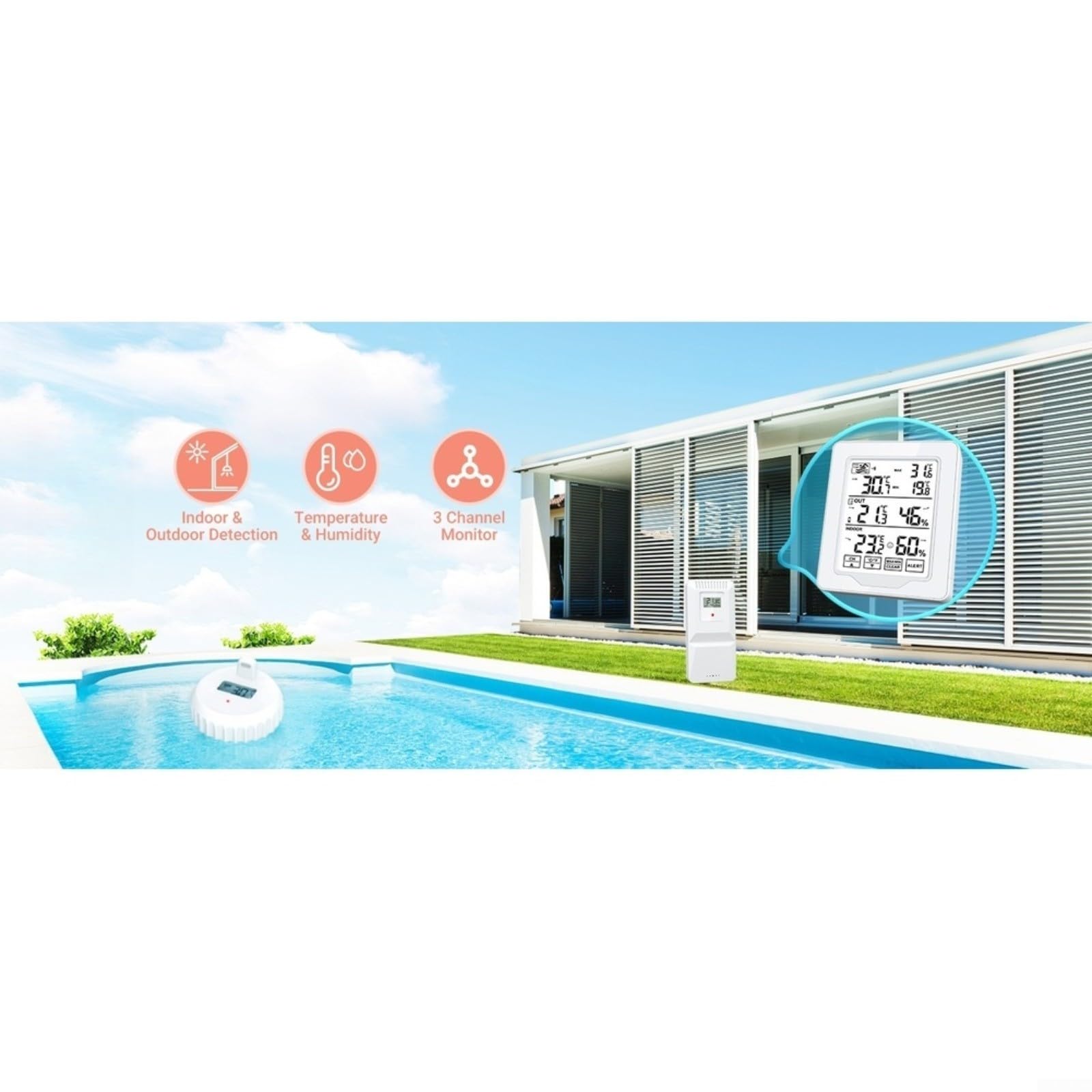 Termometro digitale da piscina con sonda impermeabile IP68, doppio per display Celsius e Fahrenheit, sensore alto, LCD retroilluminato per piscine