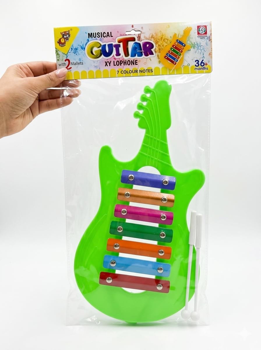 Musical Guitar Xylophone Toy with 7 Colour Notes for Kids | 2 Mallets Included, 36+ Months, Green Guitar Shape, Colourful Metal Keys, Early Music Learning-image-46