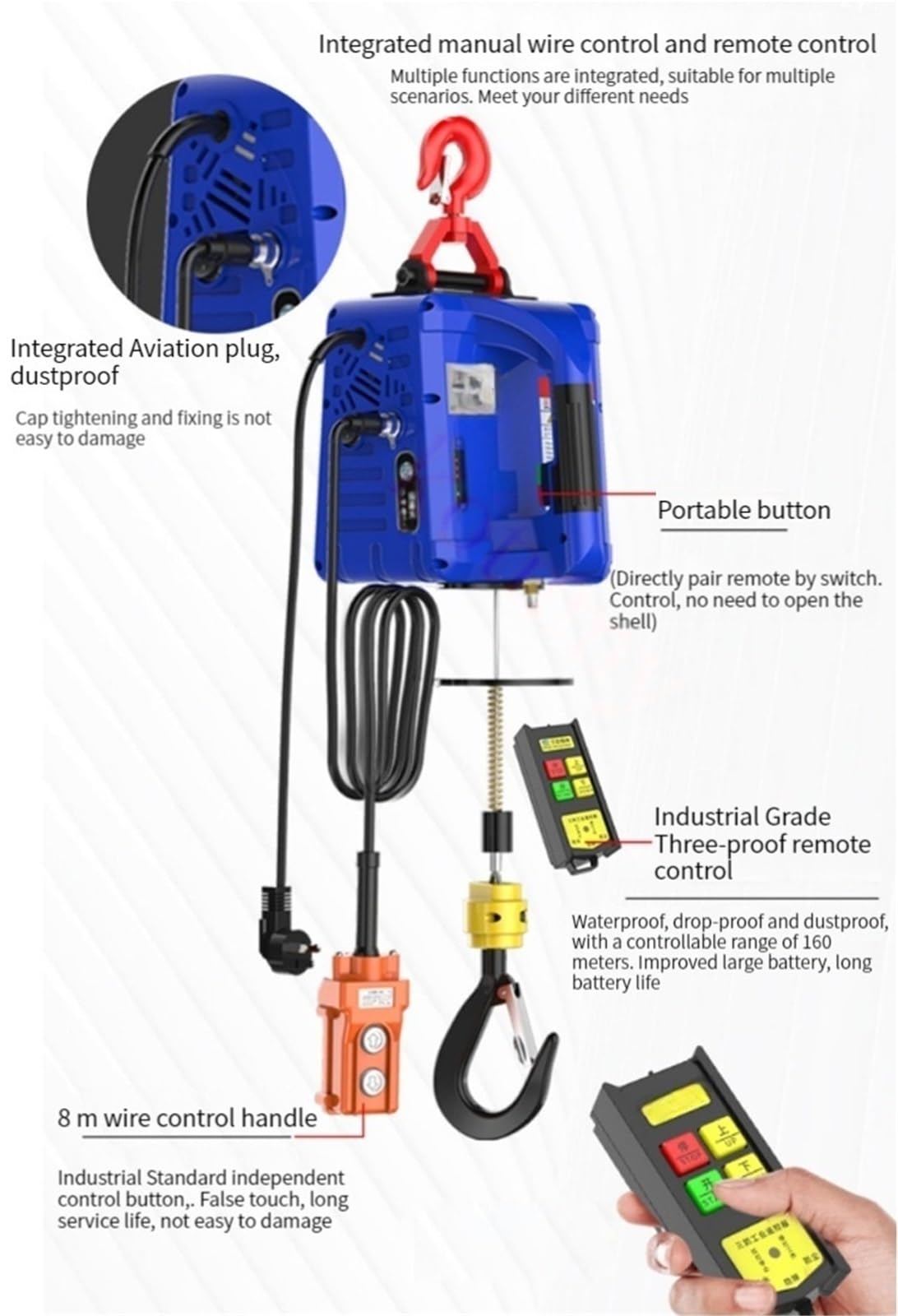 Verricelli elettrici Bandiera per Paranco Elettric 100-500kg Paranco Elettrico Portatile Verricello A Mano Blocco Di Trazione Fune Acciaio Sollevamento Traino | 200kg three in one