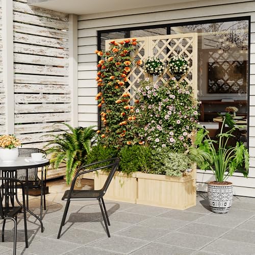 GarveeLife Cedar Privacy Screen with Planter Box - 2-Panel Freestanding Garden Fence, 41 in x10 in x65 in Tall Outdoor Divider with Drain Holes & Raised Bed for Patio, Deck & Backyard (Natural Wood)