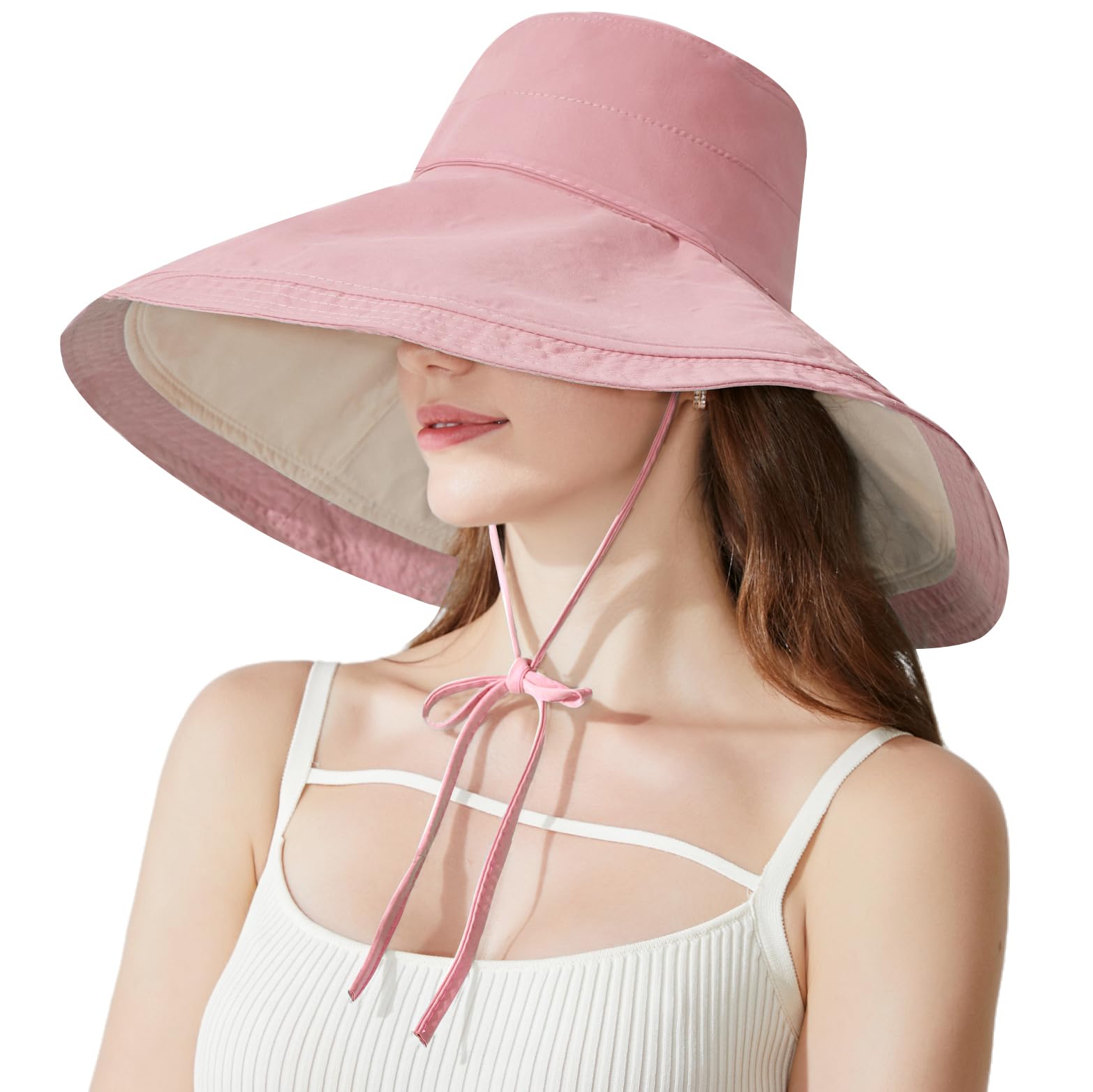 KAICAILA Women's Reversible Bohemian Floral Cotton Sun Hat - UV Protection (PinkBeige)