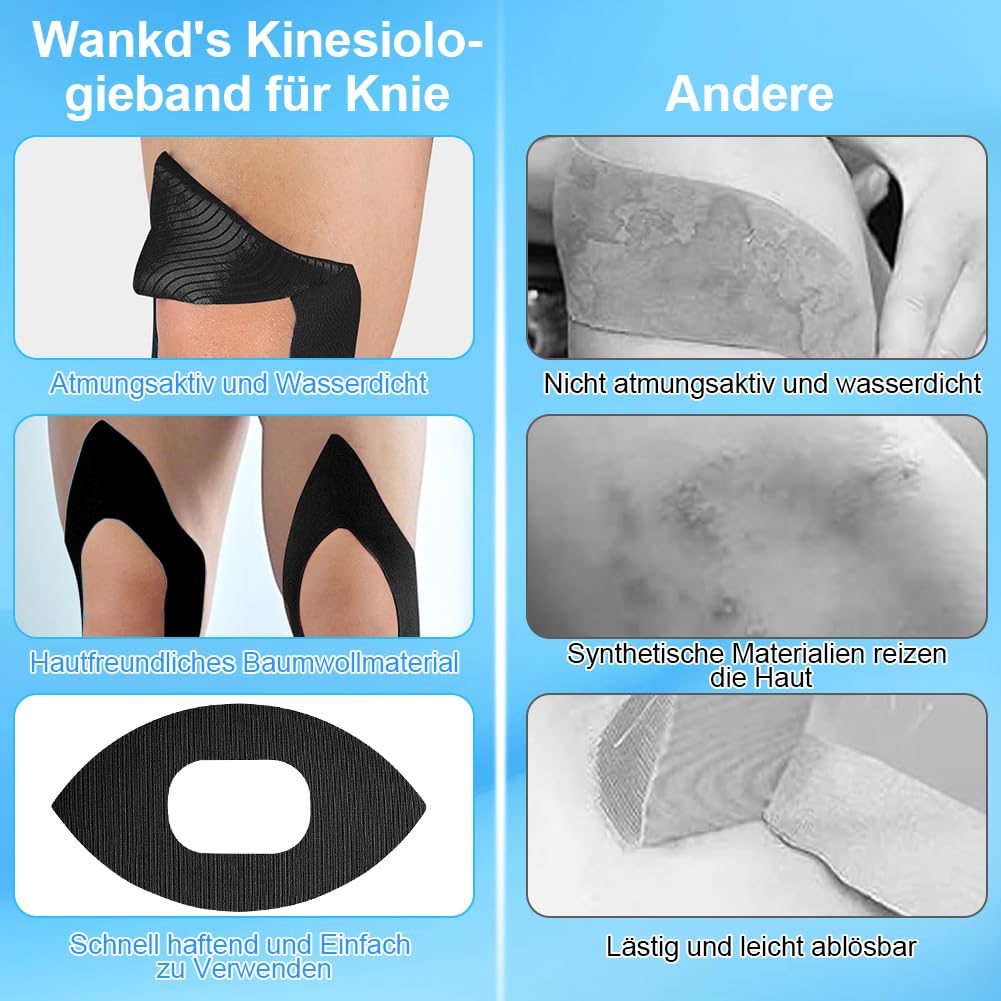 RANJIMA 12 Stück Kinesiologieband für Knie, Precut Kinesiotapes Vorgeschnittenes Kinesiologie Tape für Knieschmerzlinderung & Unterstützung, Wasserfestes & Elastisches Physio Tape für Knieschmerzen
