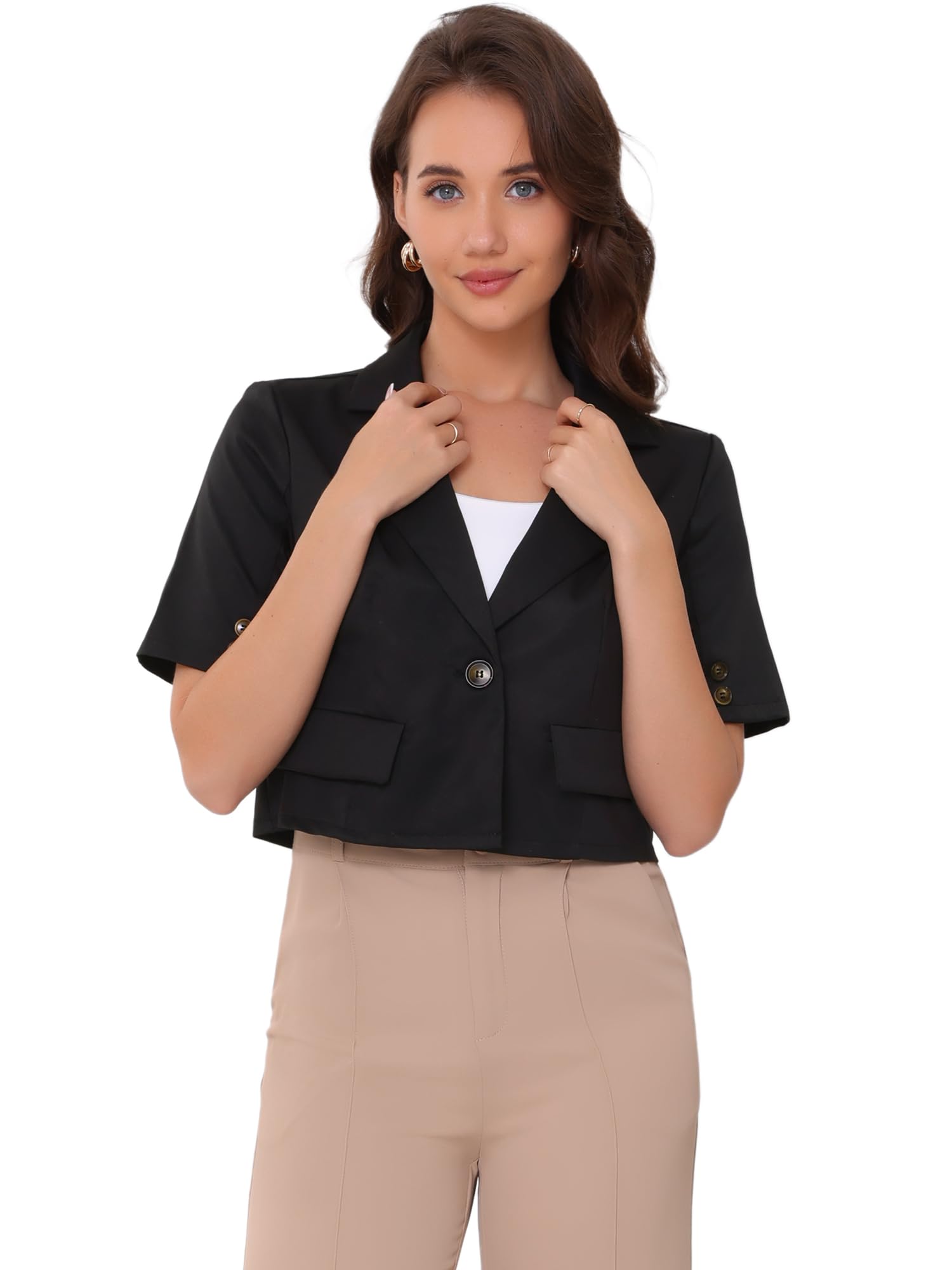 Allegra K Casual Work Cropped Blazer for Womens Short Sleeve One Button Suit Jacket