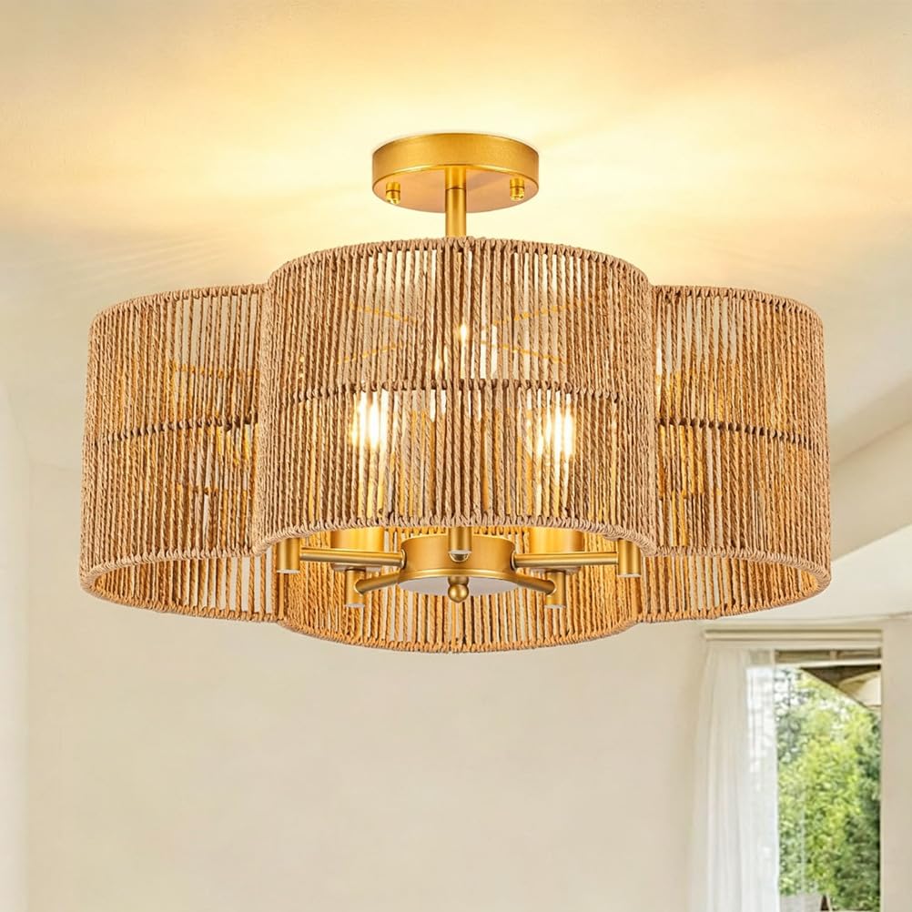 Piptyllite Embedded Wicker Ceiling Light, Minimalist Natural Design for Living Room & Dining Room