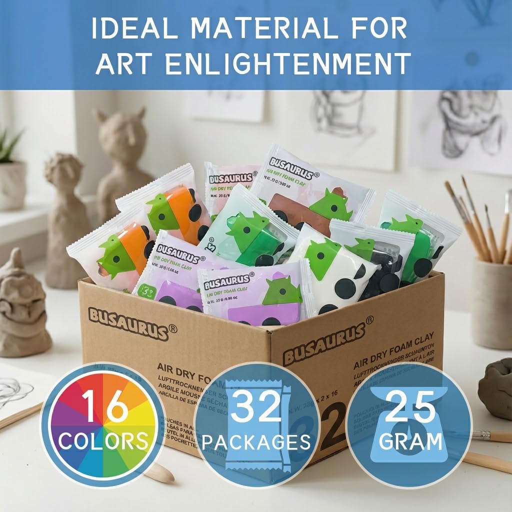 Air-Dry Foam Clay Bulk for Cosplay, Slime and School Projects - Soft Magic Modelling Clay for Kids and Adult - Art & Crafts Project and Classroom Supplies, Party Favors - 32 Packs, 16 Colors, 25g Pack