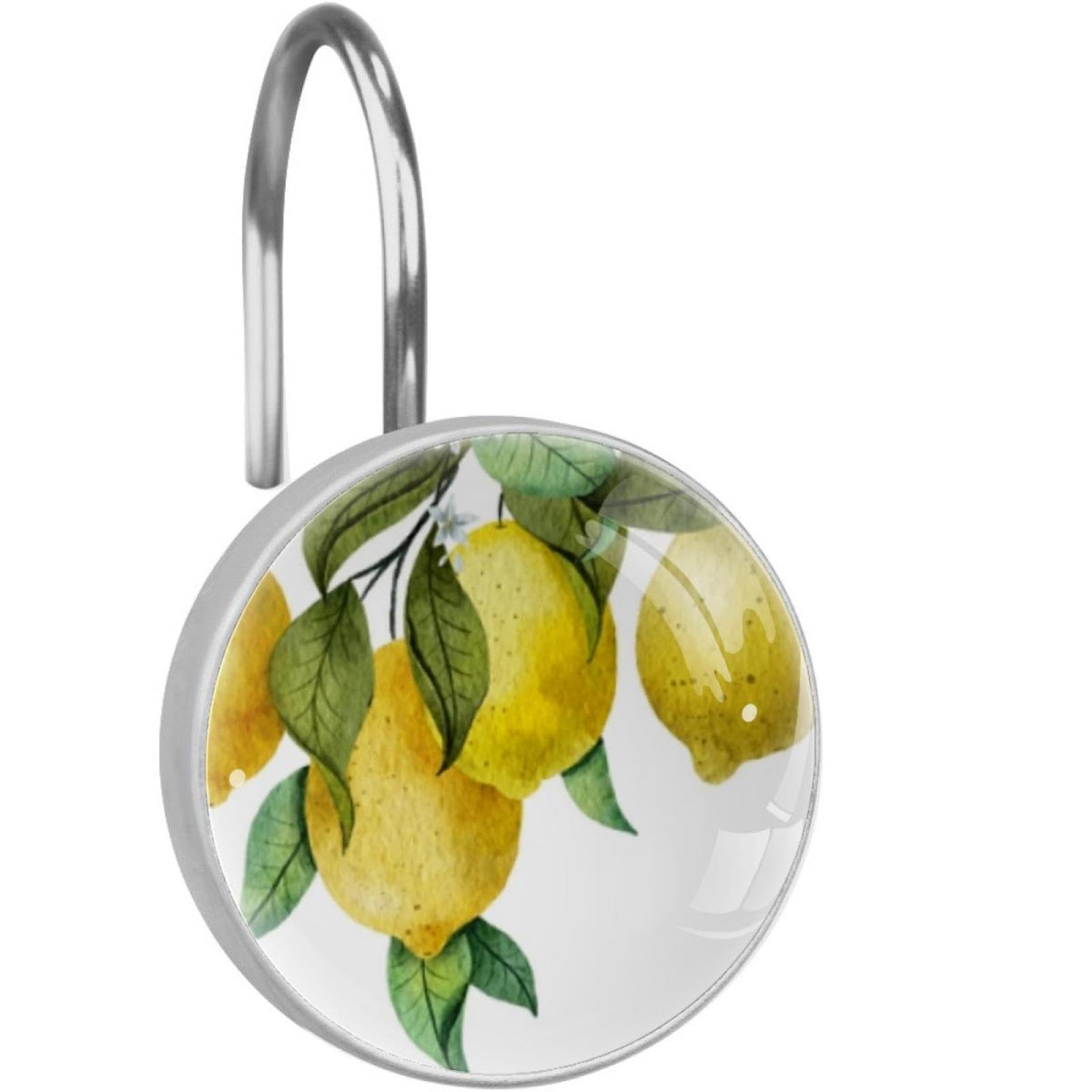 Yellow Summer Lemon Decorative Shower Curtain Hooks Rings Set of 12 Hooks for Shower Curtain Rustproof Curtain Rings for Bathroom, 1.45x1.45 in/3.7x3.7cm