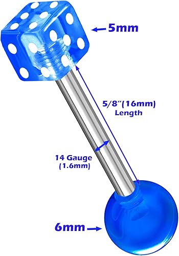 Miniatura 2 de MATIGA 2 barras de lengua de acero quirúrgico calibre 14 58 de 0.630 in para piercing para pezón, bola de 0.236 in y dados de 0.197 in, más opciones