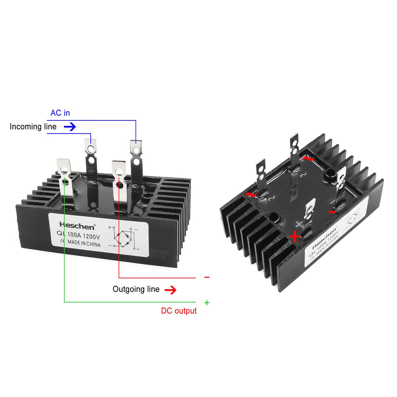 Heschen Raddrizzatore a ponte monofase, QL-100A, modulo a diodi, 100A, 4 terminali