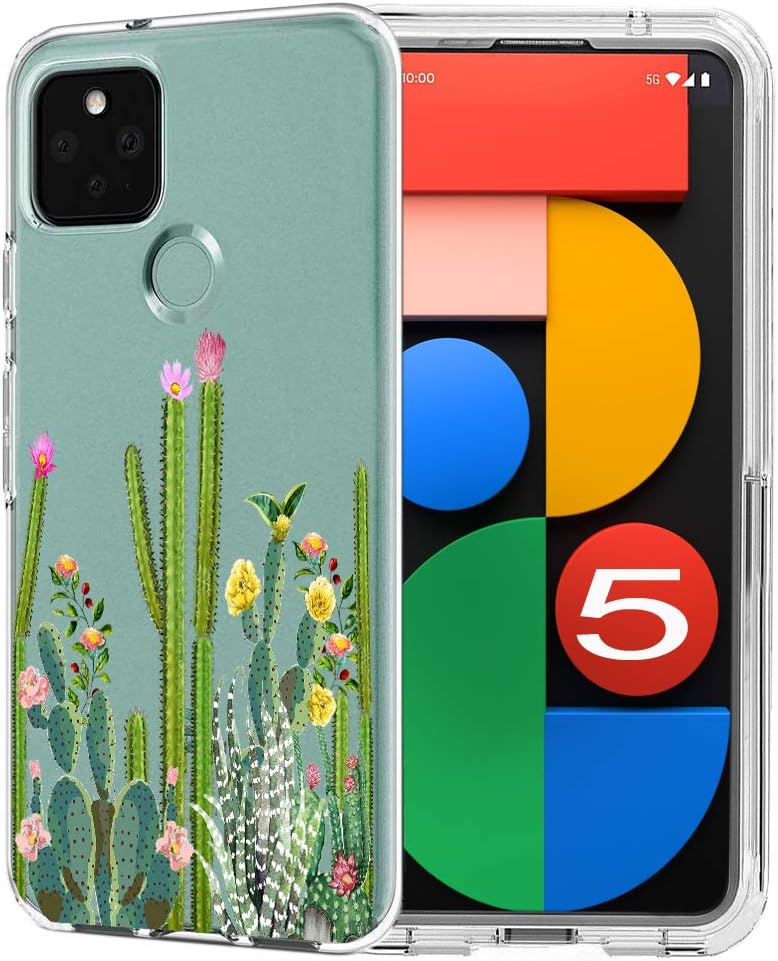 Unov Pixel 5 Case Clear with Design Soft TPU Shock Absorption Slim Embossed Pattern Protective Back Cover for Pixel 5 6 inch (Cactus Succulents)