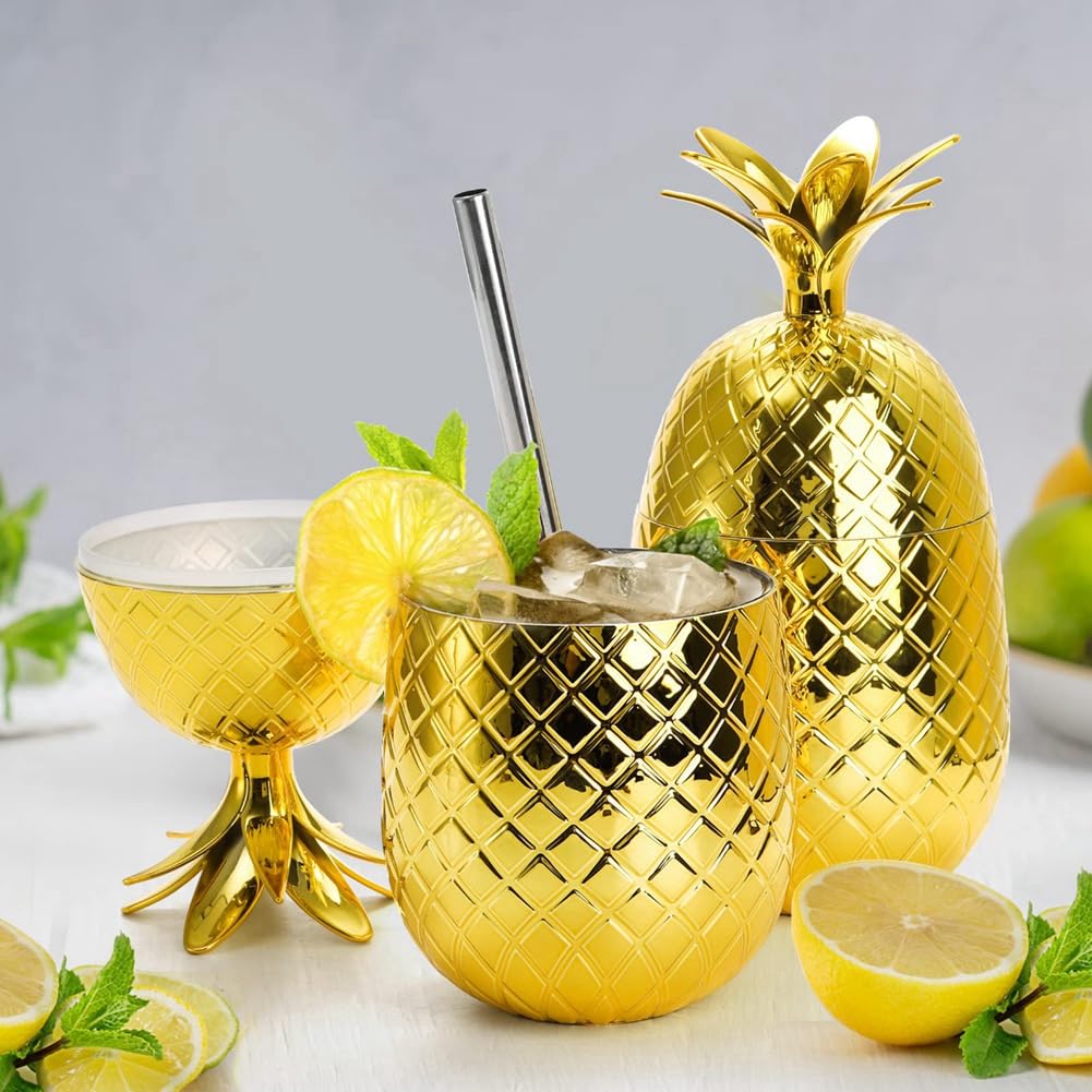 Gobelets d'ananas dorés lot de 2 avec paille, idée cadeau originale pour anniversaire