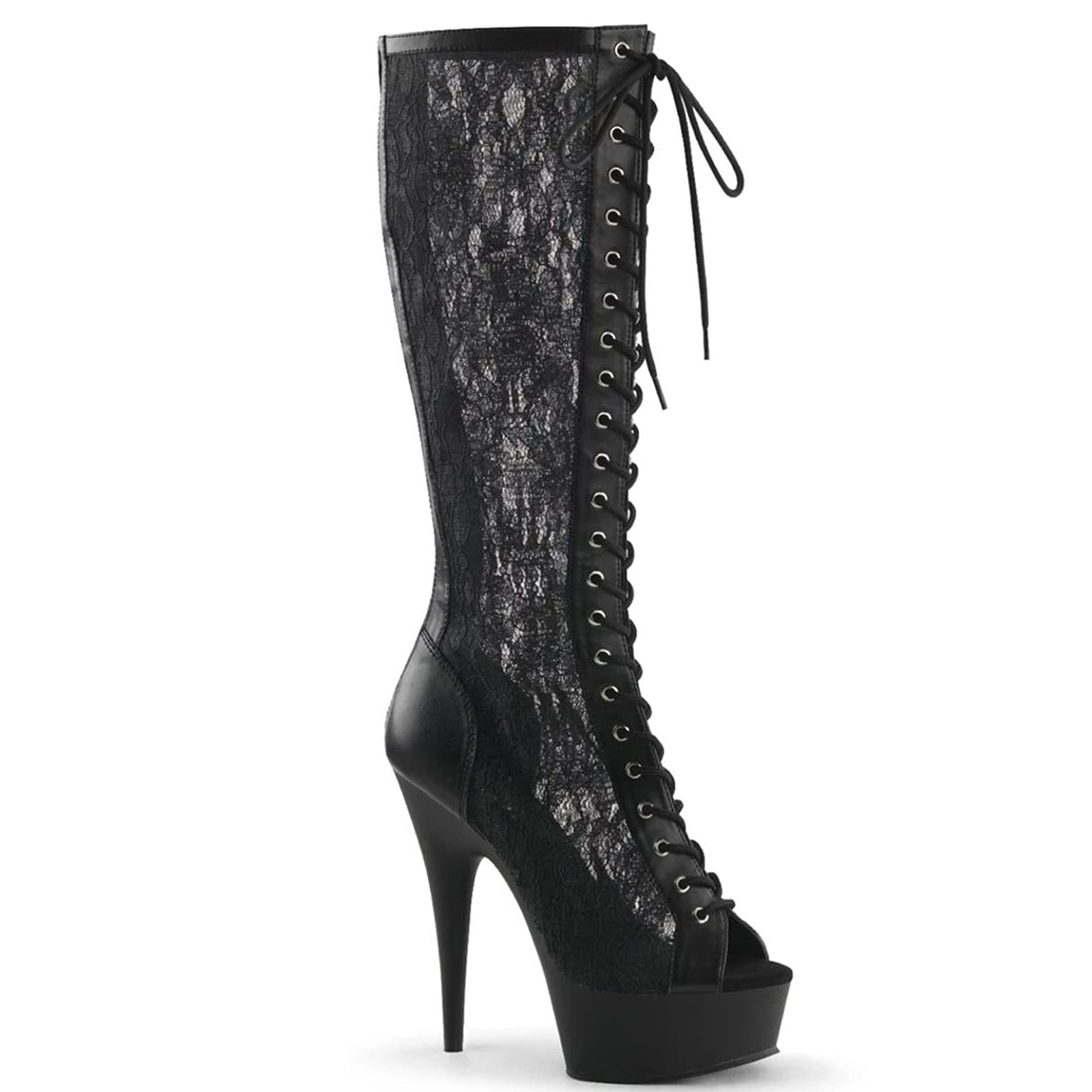 BeAUZQ Plate-Forme pour Hommes à Lacets au Dos avec Fermeture à glissière au Genou Bottes Sexy à Bout Ouvert en Dentelle Creuse 15CM Talons Aiguilles Bottes au Genou