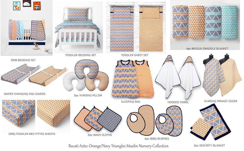 Image of Bacati - Tribal /Aztec Cotton Muslin Fabric Hooded Towels /Wash Cloths(Set of 3) (Hooded Towel, Triangles Orange /Navy)