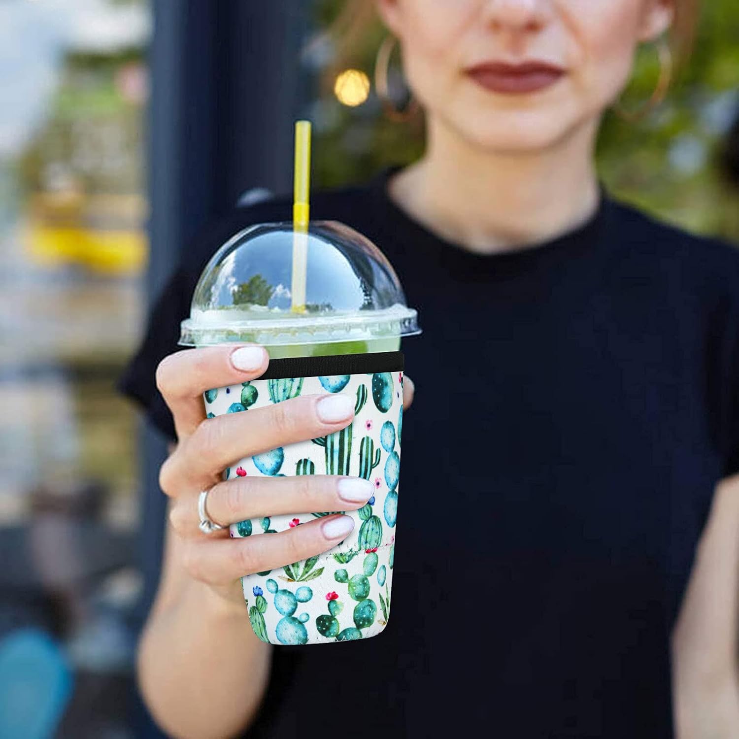 3 Pack Iced Coffee Sleeves, Reusable Neoprene Iced Coffee Cup Sleeves, Insulator Sleeve for Cold Beverages, Cold Drink Cup Holder for Starbucks Coffee, McDonalds (Cactus, 3 Pack with S, M, L)