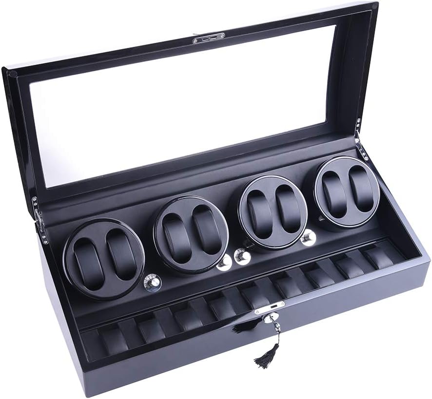 Watch Winder, XTELARY Luxury 4 Motor Quad Watch Winders for Automatic Watches Safe & Wooden Display Box Case 8+9 Storage (Black)