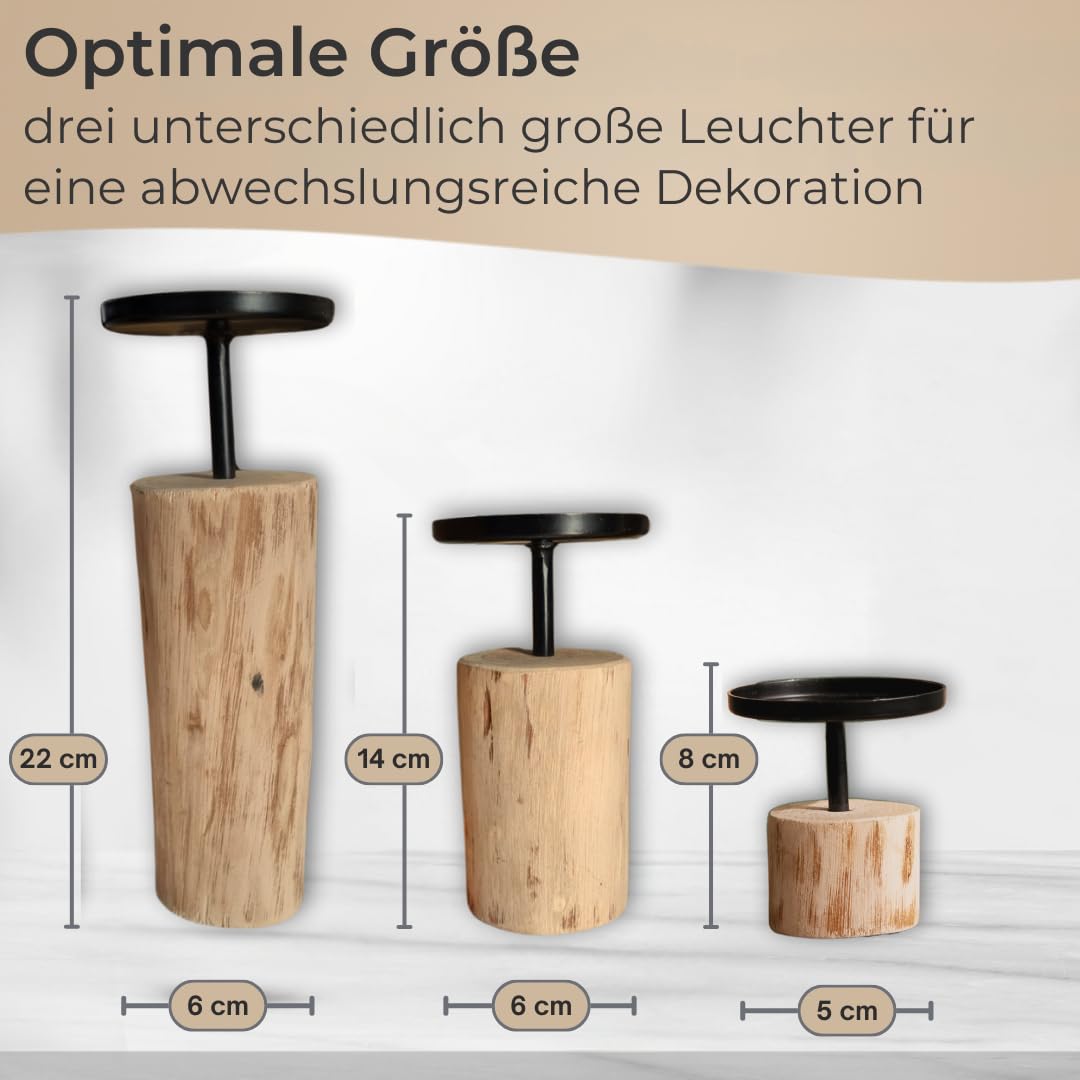 Set di 3 portacandele in legno di eucalipto e metallo, altezza 8-22 cm, elegante portacandele per candele a pilastro, consegna senza candele