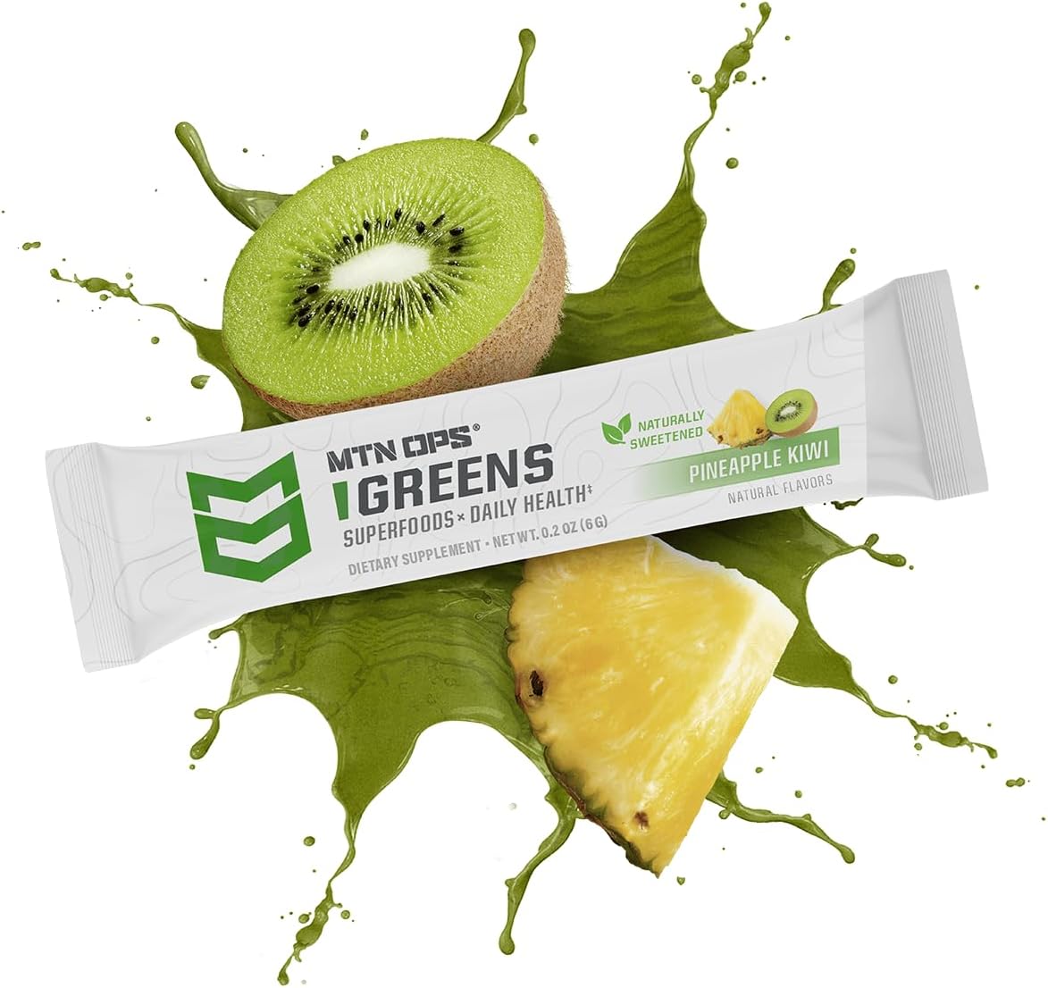MTN OPS Greens Superfood Drink Mix Daily Greens Powder with Super Greens Chlorophyll Digestive and Immune Support Naturally Sweetened Pineapple Kiwi 30 On The Go Stick Packs