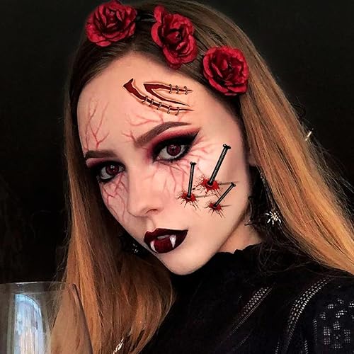 Miniatura 3 de Tatuaje facial de Halloween, 16 hojas realistas falsas de puntada de herida sangrienta, cicatriz, tatuajes falsos aterradores para mujeres, hombres