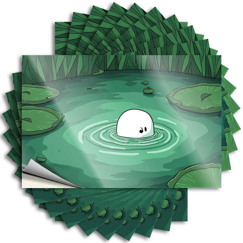 Lettering Sticker Half, Mold Case A Cute Round Character Emerges from A Pond Surrounded By Lily Pads | Custom(6X9CM)