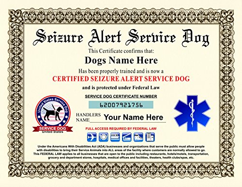 Seizure Alert Service Dog Certificate - Customizable with Dogs/Handlers Name