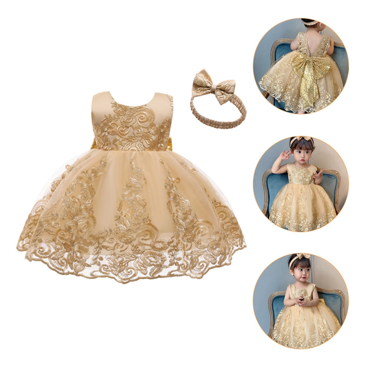 Vestido Infantil para Niñas 2-3 Años Vestido Princesa Pieza Lazo Bordado Color Dorado 8557B de Fiesta Encaje para Piel Sensible