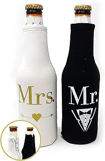 Mr. & Mrs. Beer Bottle Cooler Sleeves Black & White Gift Set 2 Pack - Perfect for Wedding, Bridal Shower, Engagement Party & So Much More.