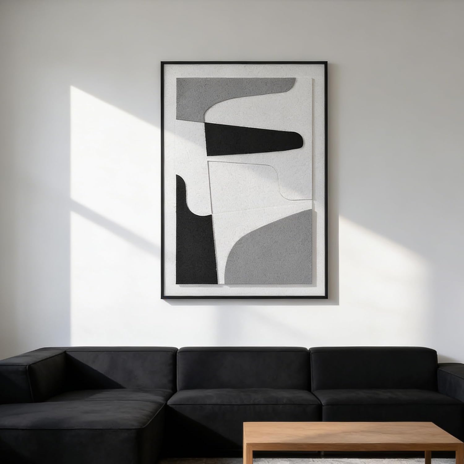 AMAATE 3 Pieces 3D Sandstone Wall Art, Black Metal Framed Modern Abstract Geometric Relief Wall Decor, Black White Grey Textured Wall Paintings for Living Room Bedroom Office, 20x30 Inches, Ready to Hang