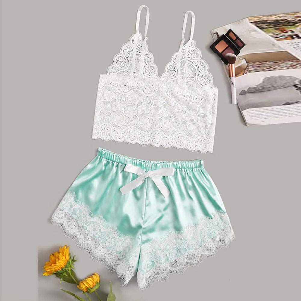Mujer Sexy Negro con Encaje Sensual Elegante Fina Lenceria para DamaConjuntos de Pijamas para Mujer Sujetadores Sexis para Mujer Ropa de Dormir de Encaje Sexy Ropa Interior Tops Briefs Sets-Green_L