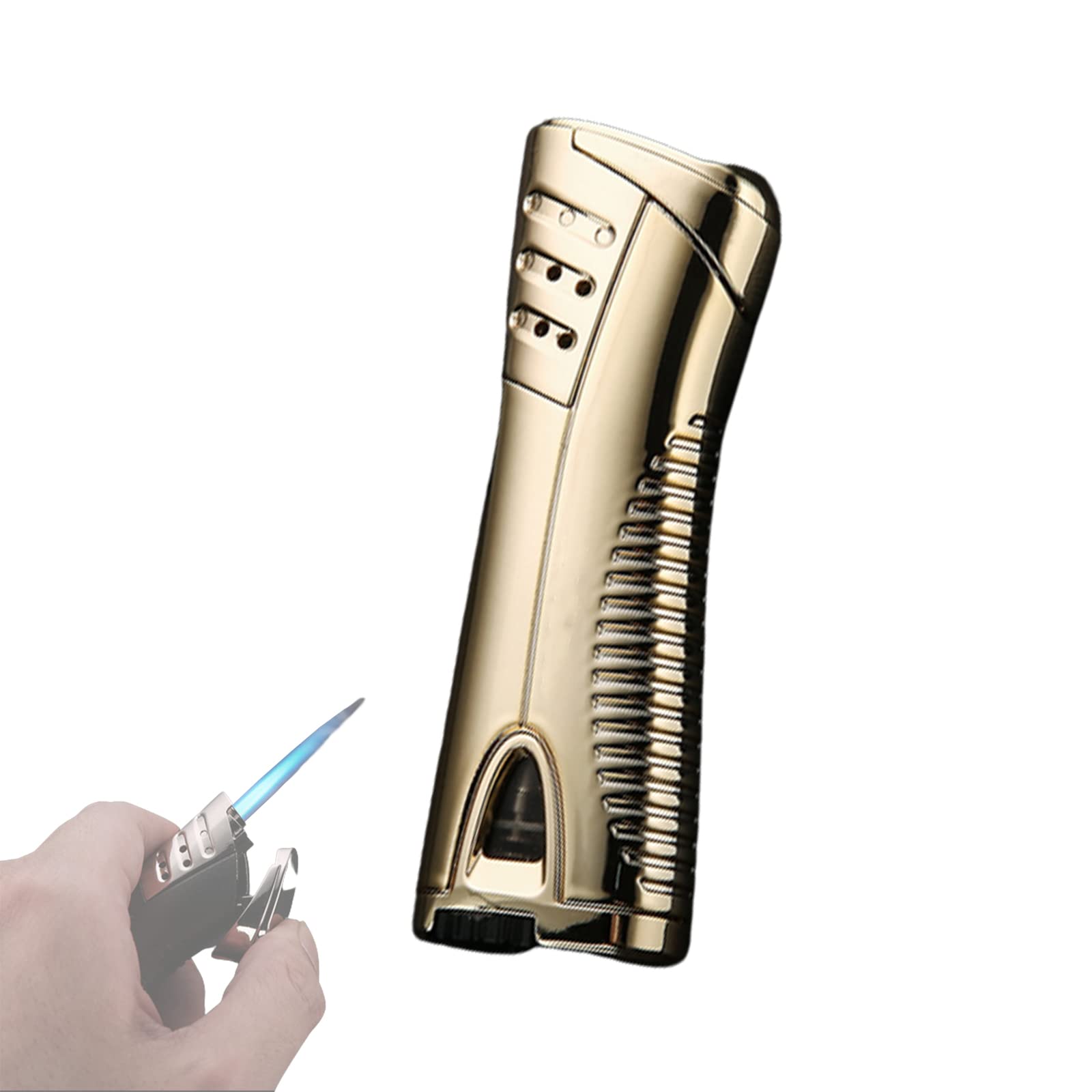 Encendedor de Metal Turbo Jet a Prueba de Viento, Encendedor de Cigarros de Gas Butano Recargable, Accesorios Ajustables para Fumar con Llama Azul, Regalo para Hombres,Gold