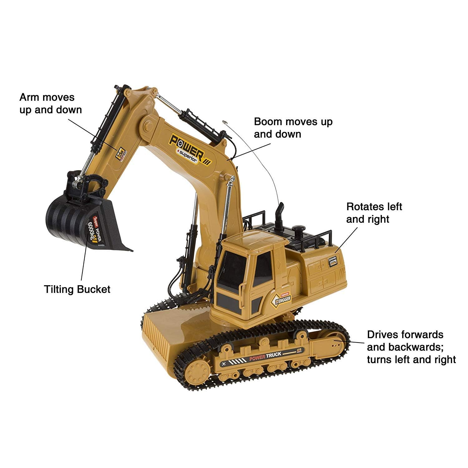 Ramus Plastic RC Excavator 6-Channel Wireless Remote Control Toy Truck Engineering Vehicles Machine Construction Toy with Lights 360° Rotation (Yellow)