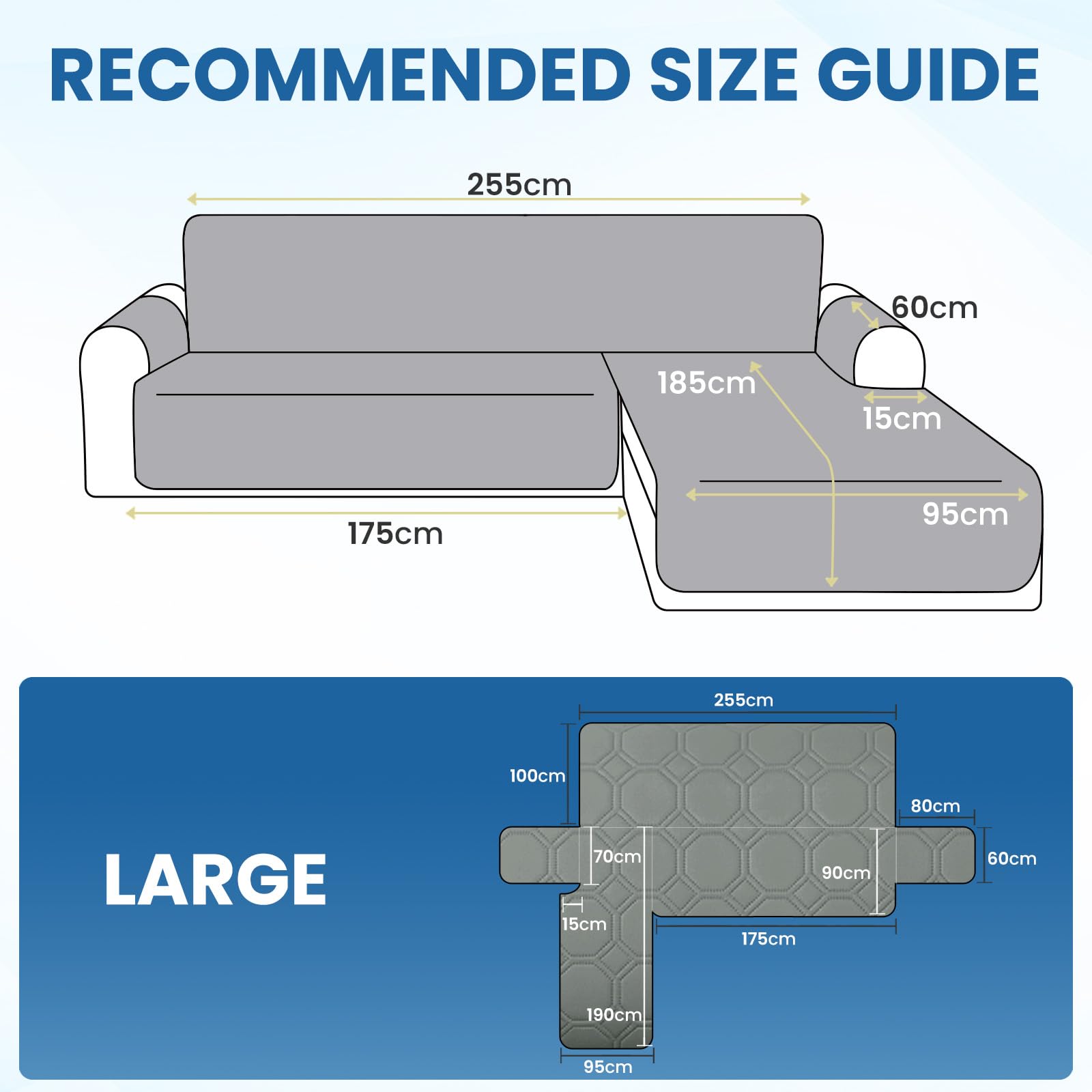 Ystyle Copridivano Impermeabile con Penisola 3 Posti (L 250 CM), Copridivano Angolare Destra/Sinistra Universale Reversibile, Copridivano Chaise Longue AntiGraffio Antimacchia, Grigio Chiaro