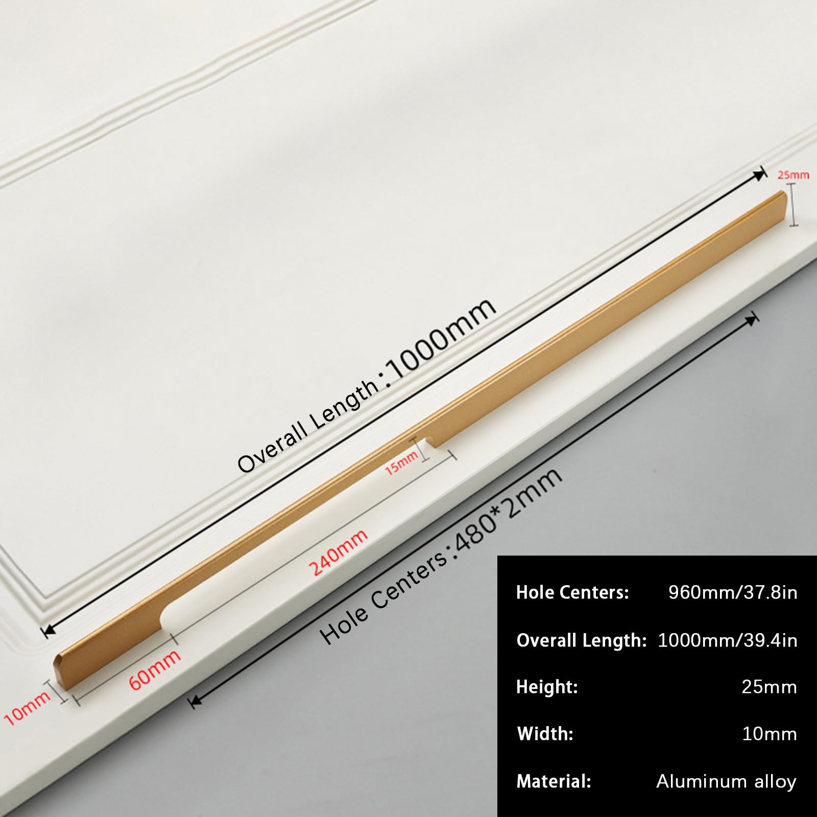 Griffe für Schränke Gold Lang,2 Griffe Küche Modern Massive Aluminium | Eloxierte Oberfläche Bügelgriff Lochzentren: 96 - 960 mm Schubladengriff für Schublade Küche Badezimmer 960mm/37.8in