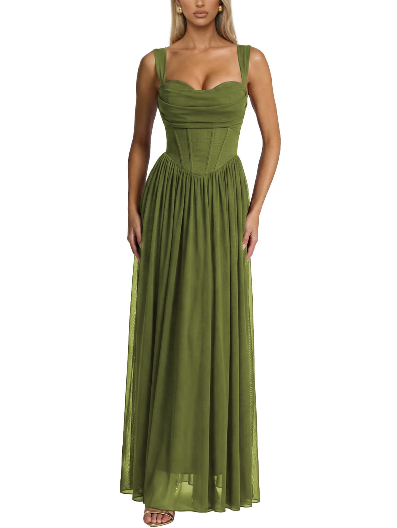 Women's Corset Bodycon Formal Maxi Dress Built-in Bra Milkmaid Summer Formal Bridesmaid Wedding Guest Dresses Small Olive Green
