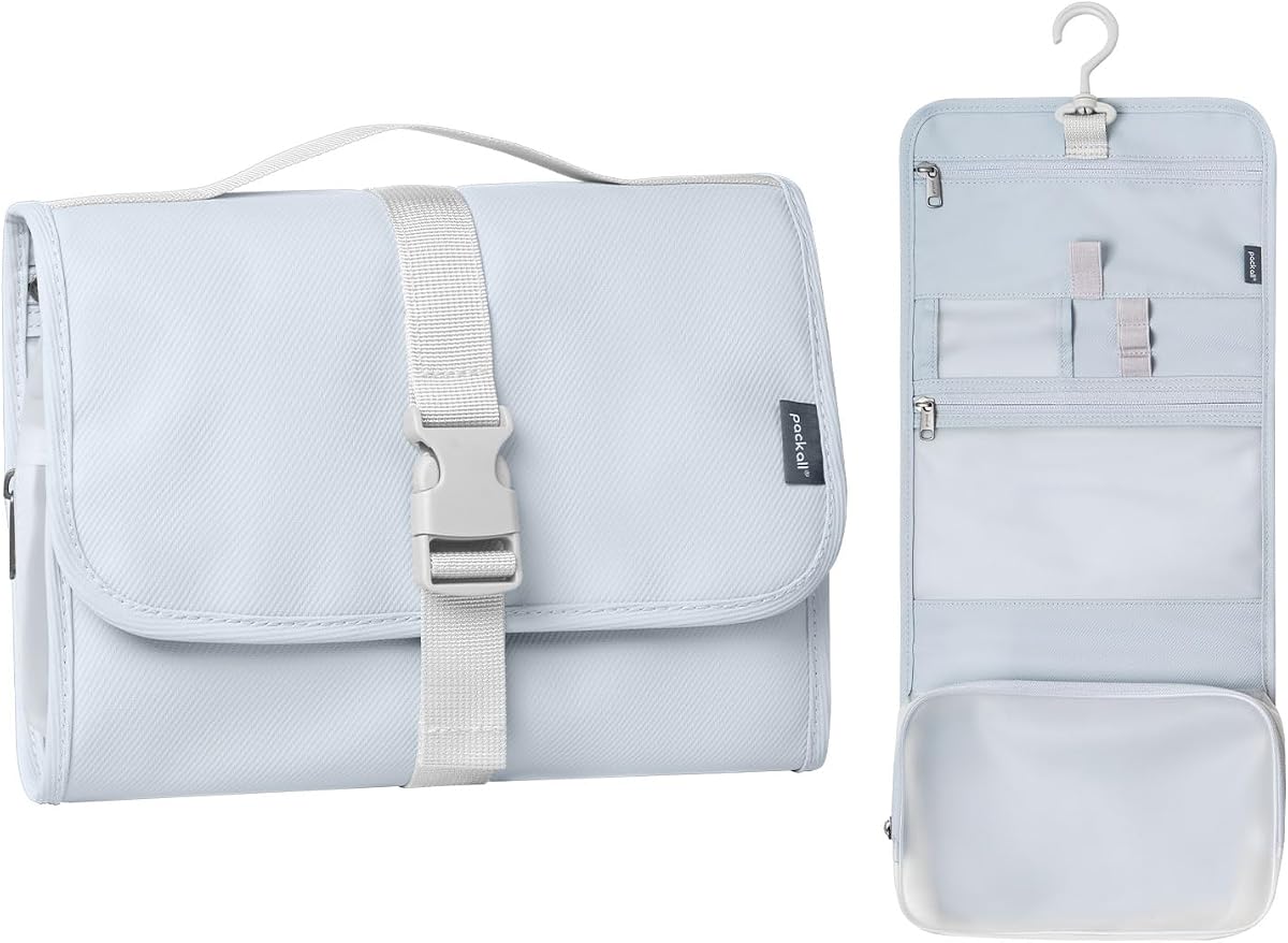 pack all Hanging Travel Toiletry Bag, Compact Size, Coated Knitted Fabric | Water-Resistant, Wet & Dry Separation, 360° Swivel Hook, Multiple Compartments, Stores Toiletries & Accessories, Light Blue