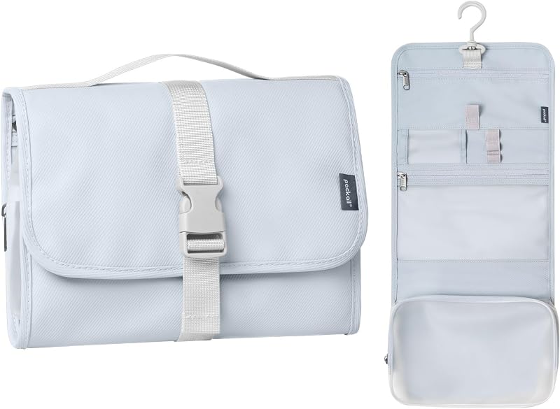 pack all Hanging Travel Toiletry Bag, Compact Size, Coated Knitted Fabric | Water-Resistant, Wet & Dry Separation, 360° Swivel Hook, Multiple Compartments, Stores Toiletries & Accessories, Light Blue