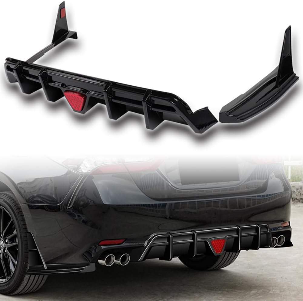 W-POWER, Rear Diffuser Compatible with 2018-2024 Toyota Camry SE XSE, Black PU Add-On Rear Bumper Lip Diffuser Spoiler Splitter Kit with Brake Light (Painted Black + Smoke LED)