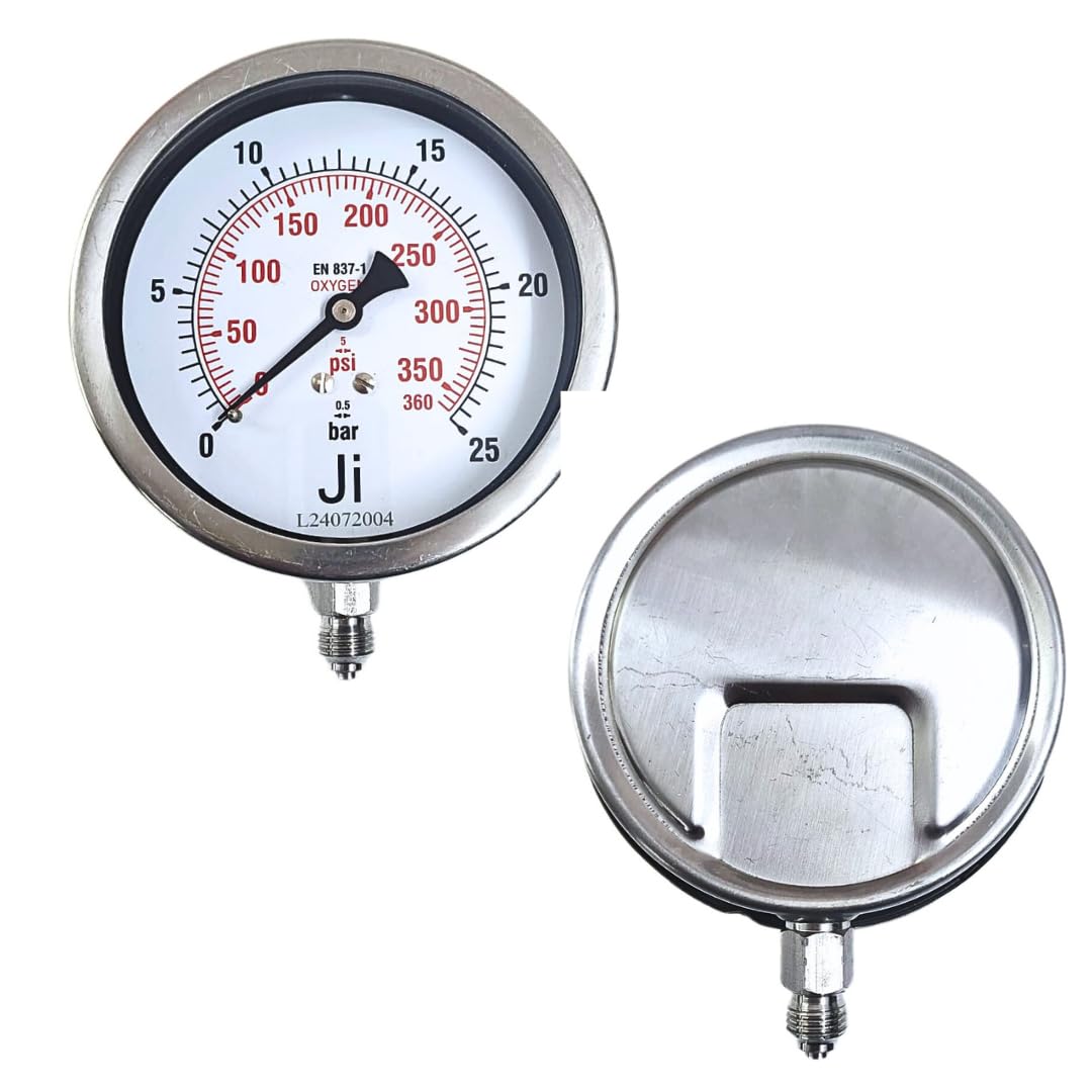 "Ji" Japsin Instrumentation Economical Pressure Gauge for OXYGEN (USE NO OIL), 4" Dial, Range 0-25 Bar/360 PSI, Bottom Entry, 1/4" BSP (M) Connection, SS Case & Wetted Parts (Case Bayonet Type)-image-41