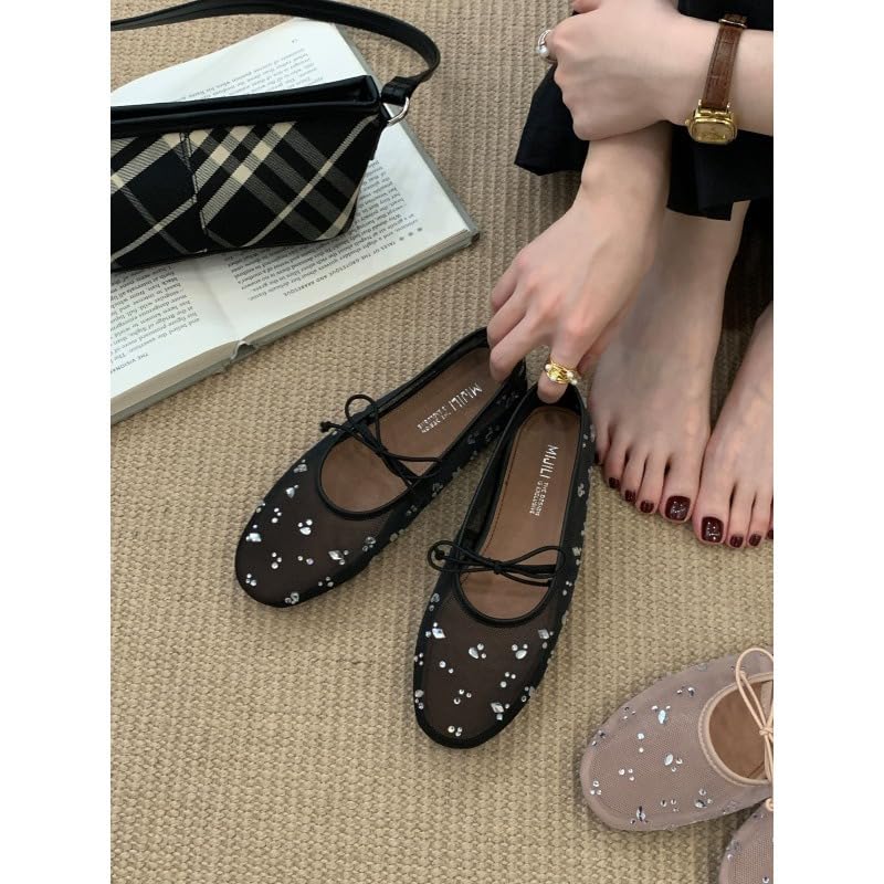Women's Rhinestone Mesh Sheer Ballet Flats Sparkle Mary Jane Shoes Round Toe Slip On Casual Summer Dressy Wedding Party2