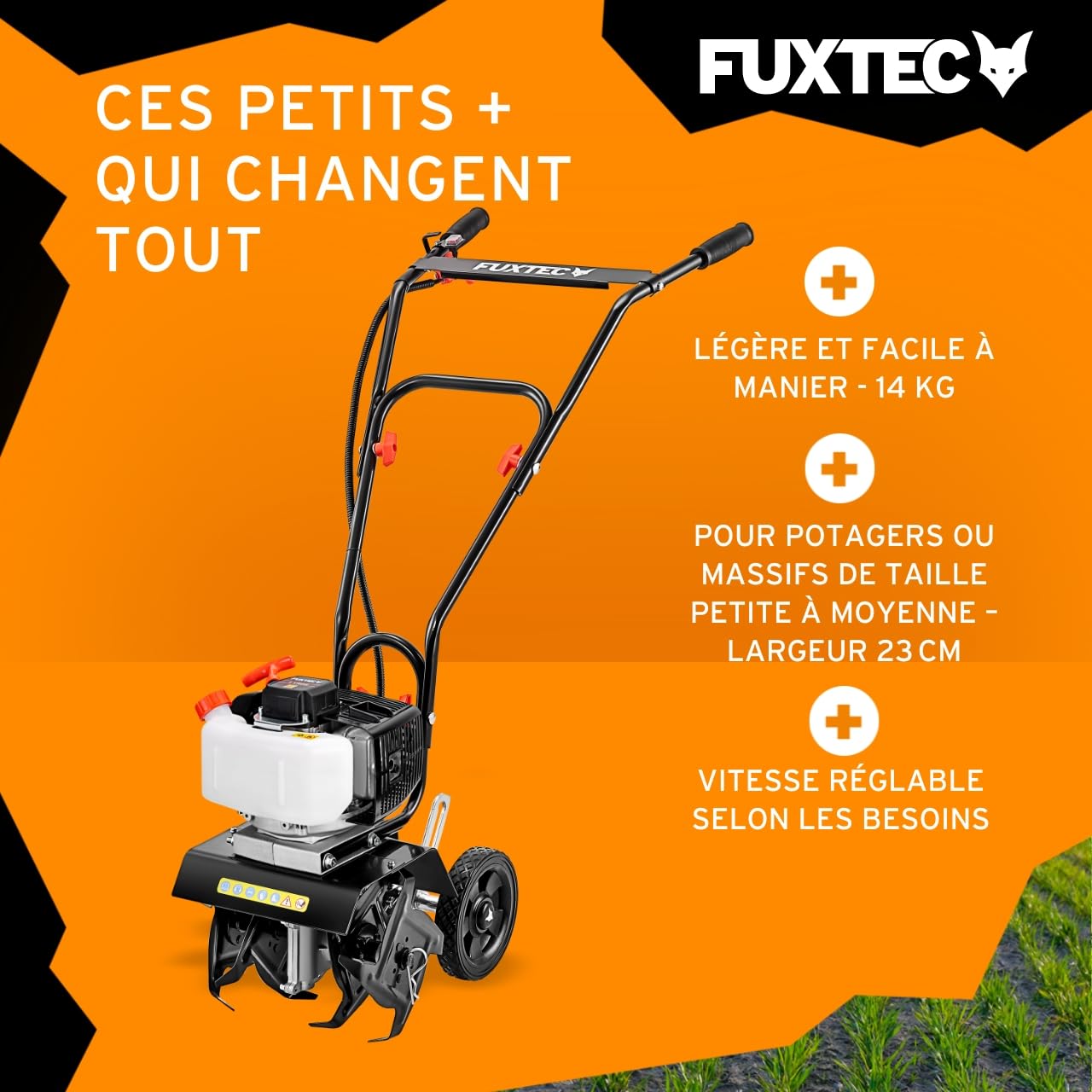 FUXTEC Motobineuse thermique FX-AF152 – Moteur 2 temps 51,6 cm³ – 23 cm de largeur – Profondeur de 70 mm – Fraises étoilées – Léger & maniable – Poignée ergonomique