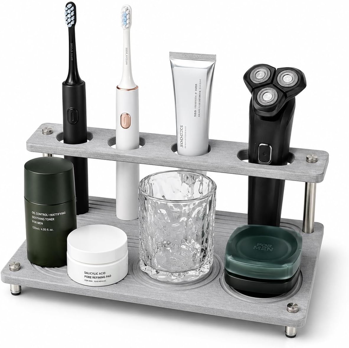 Diatomite Bathroom Organizer for Men with Shaver Slot, Gray | Diatomite Board,Bathroom Counter,Fast-Drying Tray,Shaver Slot,For Toothbrush Razor Cup Grooming Essentials
