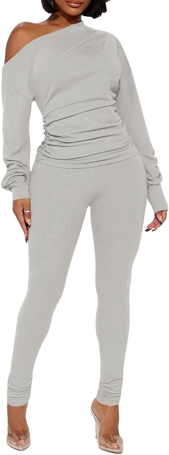 Women's 2 Piece Set Outfits One Off Shoulder Tops Ribbed Pant Suit Clubwear TracksuitsLight Gray S