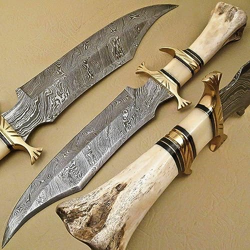 LH LIMASSOL Damascus Steel Hunting Knife - Fixed Blade Knives with Sheath - Firm Grip Handle Made of Camel Bone (bone white)