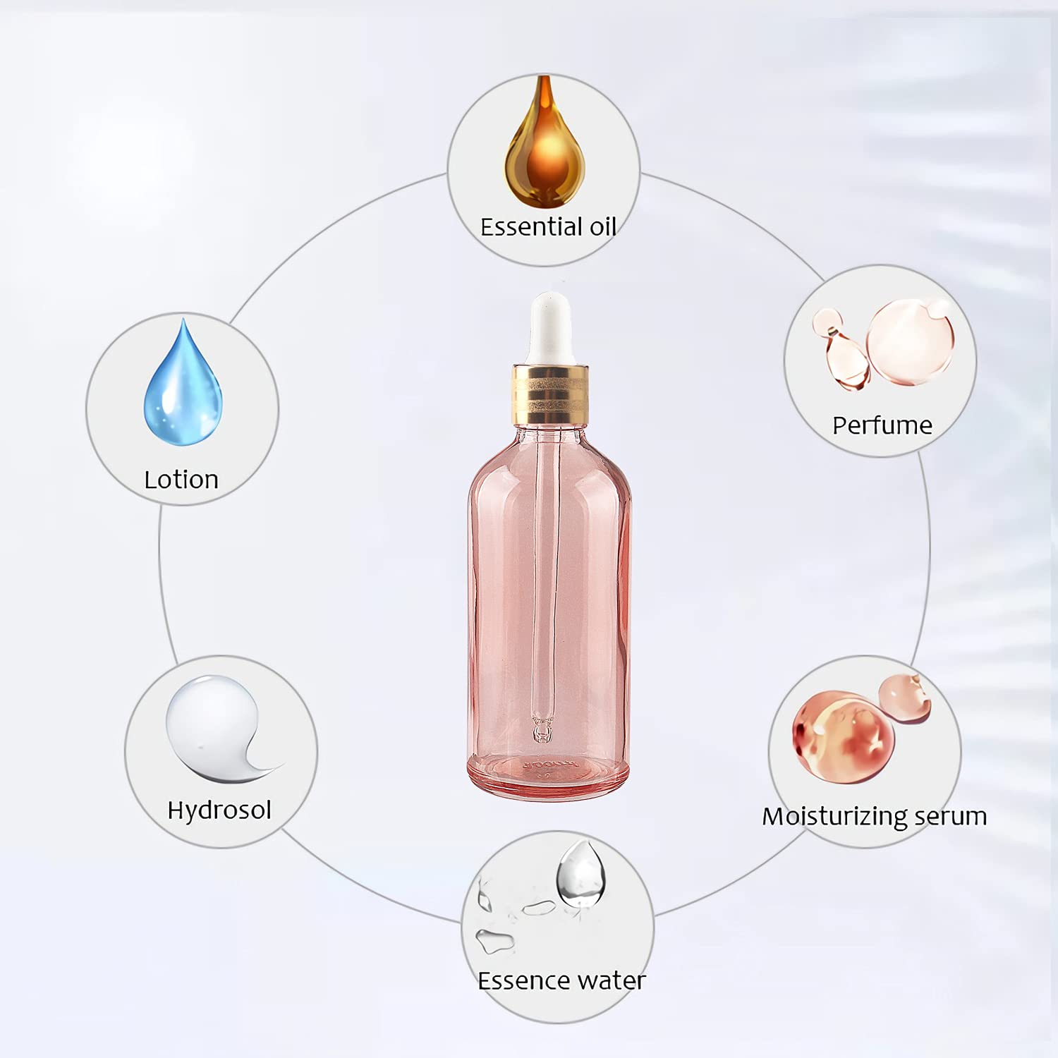 Plastikowa butelka z rozpylaczem, 12 sztuk, 100 ml, pusty różowy szklany zakraplacz ze szklanymi pipetami, złote fiolki z pierścieniem śrubowym do kosmetycznych olejków eterycznych, aromaterapii