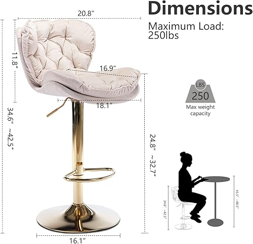 Miniatura 3 de Juego de 2 taburetes de bar giratorios de terciopelo de 360, modernos taburetes giratorios de altura ajustable con respaldo y base de metal dorado