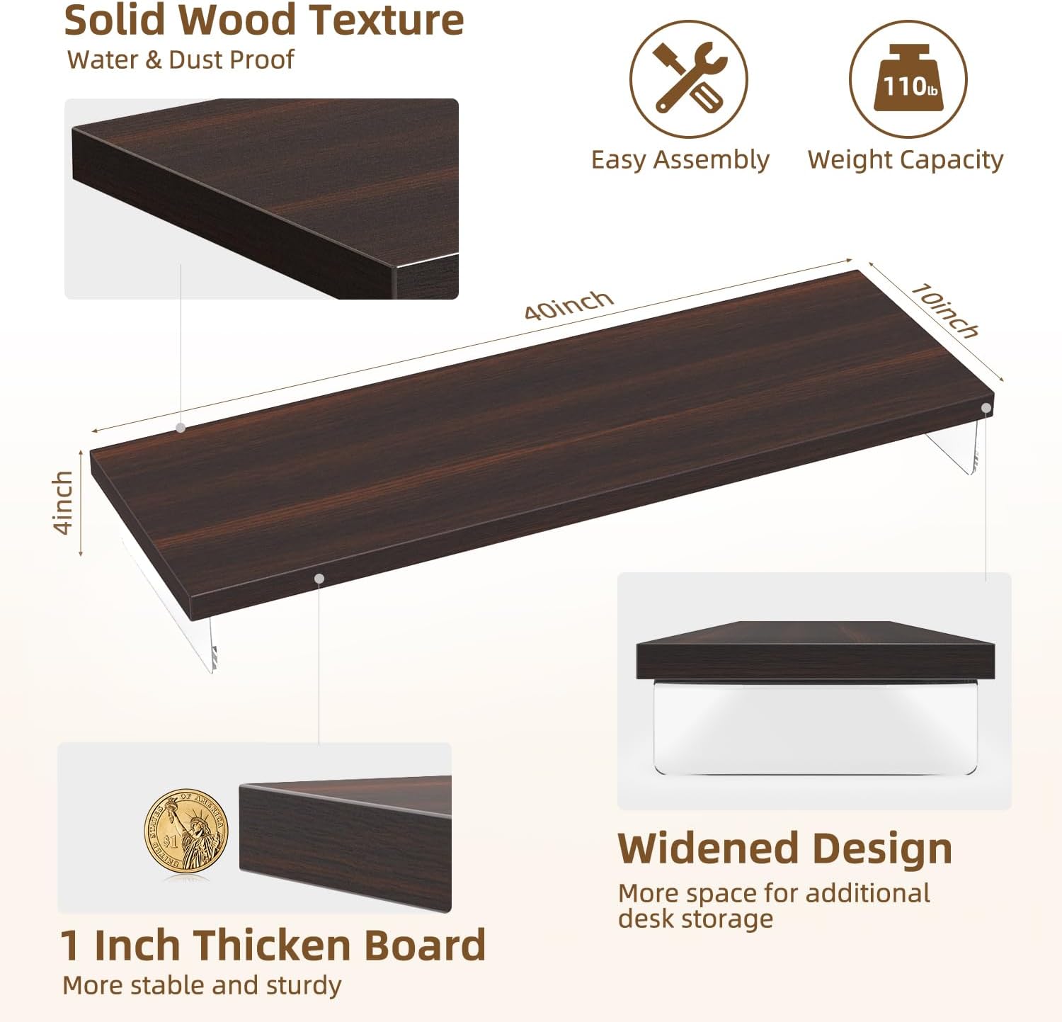 Dual Monitor Stand Riser, 40" Large Computer Monitor Stands for 2 Monitors, Wooden Desktop Organizer Shelf for Office Desk Computer, Laptop, TV, Monitor, Printer