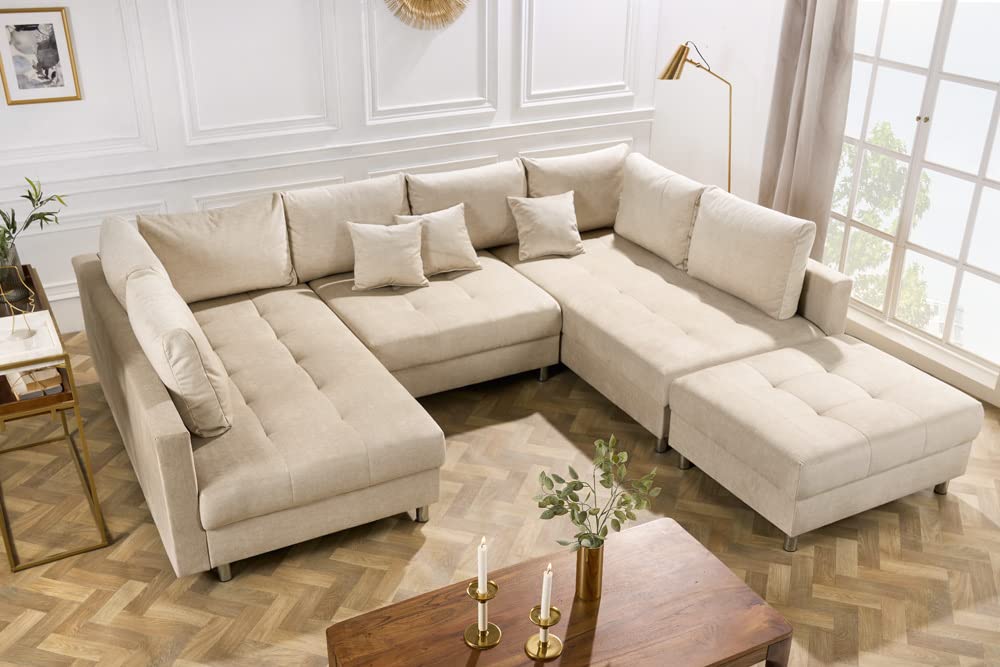 riess-ambiente.de Moderne XXL Wohnlandschaft Kent 305cm Champagner beige Samt inkl. Hocker und Kissen
