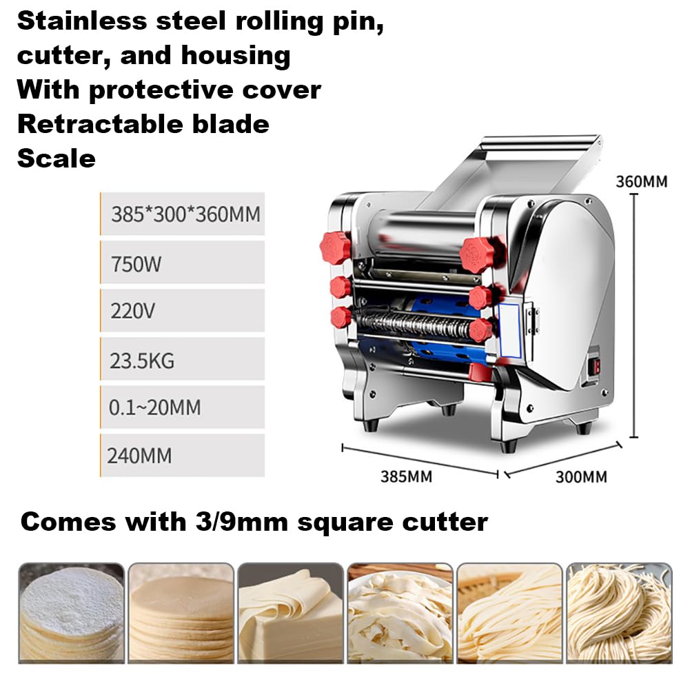 Máquina Eléctrica De Fideos Frescos, Máquina De Amasado De Masa Automática De Acero Inoxidable Doméstico, Ancho De 16-24 Cm, Grosor De 0.1-20 Mm Ajustable, 550W/750W,Rolling Pin w24cm
