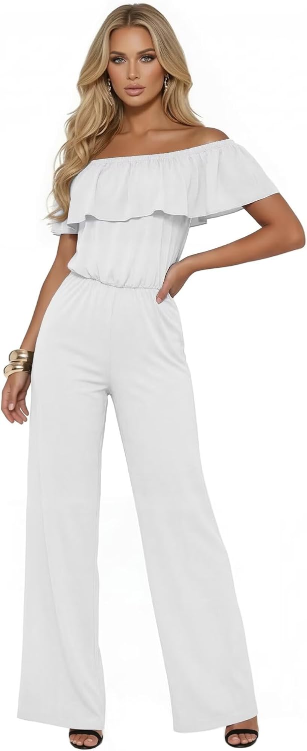 Hybrid & Company Women's Lightweight Off Shoulder Jumpsuit – Stretchy Wide Leg Romper – Casual to Formal One Piece Outfit