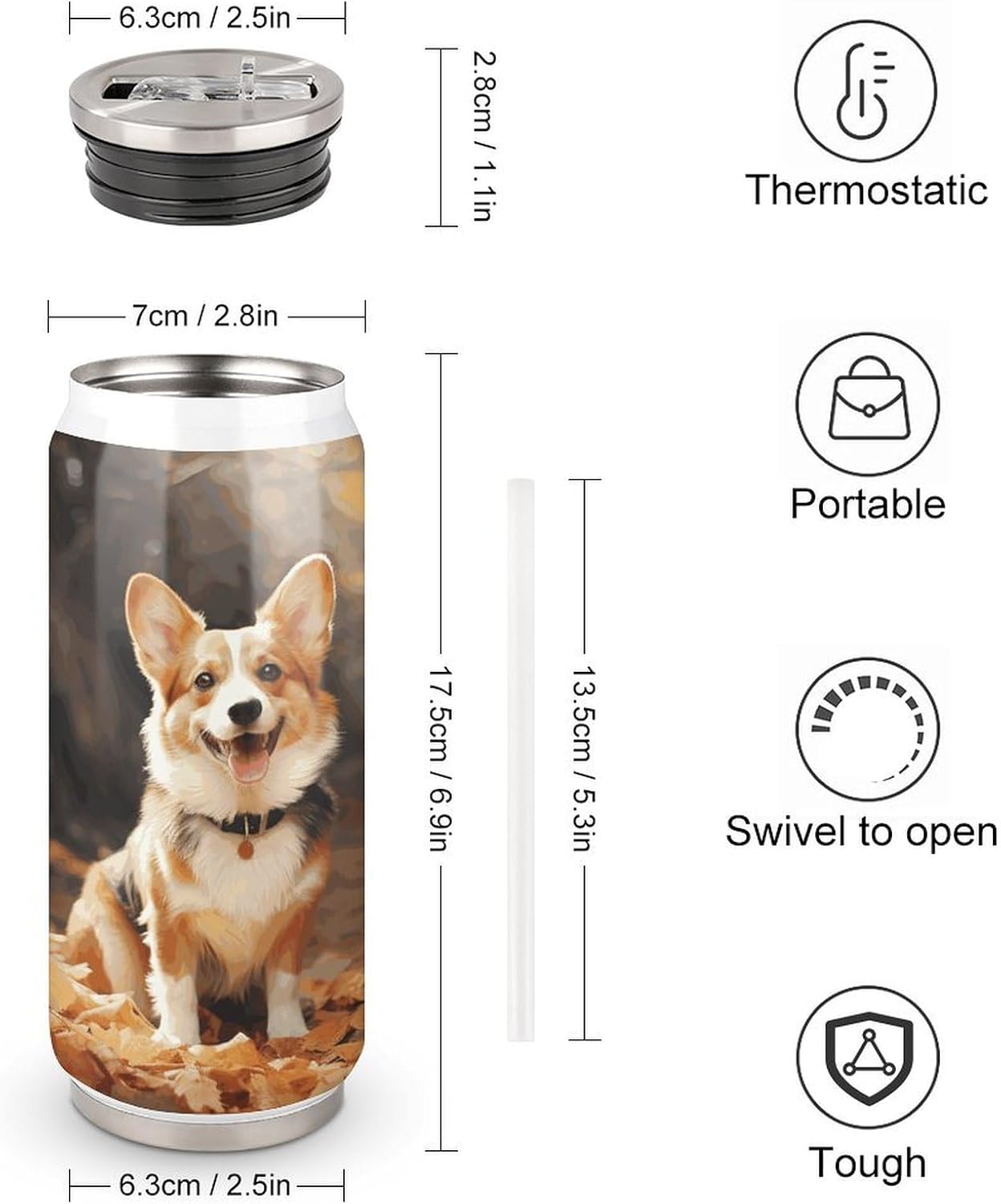 Stainless Steel Cups Corgi Dog Printed Coke Cup Stainless Steel Insulated Cups with Lid And Straw