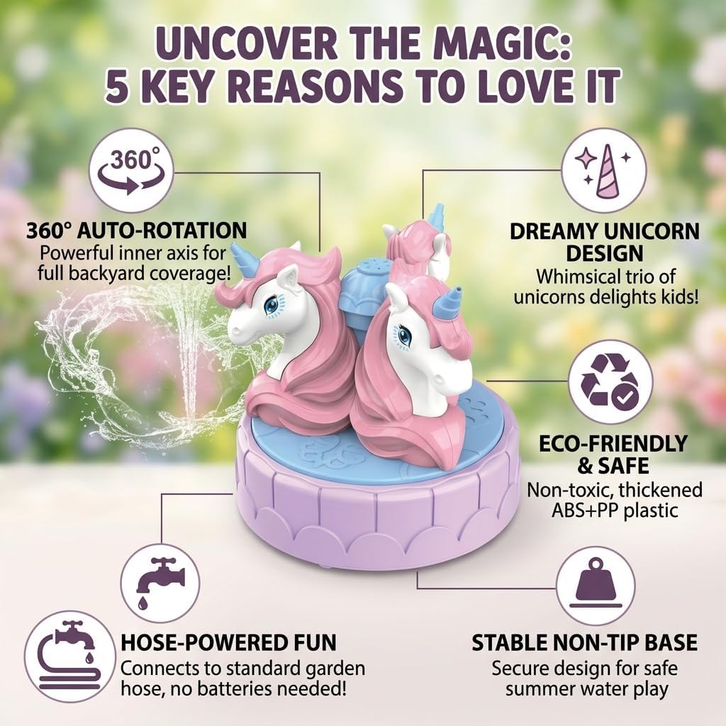 Pink Unicorn Water Sprinkler for Kids Toddlers, Outdoor Water Toys with 360° Rotating Base, Extreme 10ft High Spray, Ideal Summer Outdoor Water Toys for Kids Toddlers Girls Boys Ages 1-8